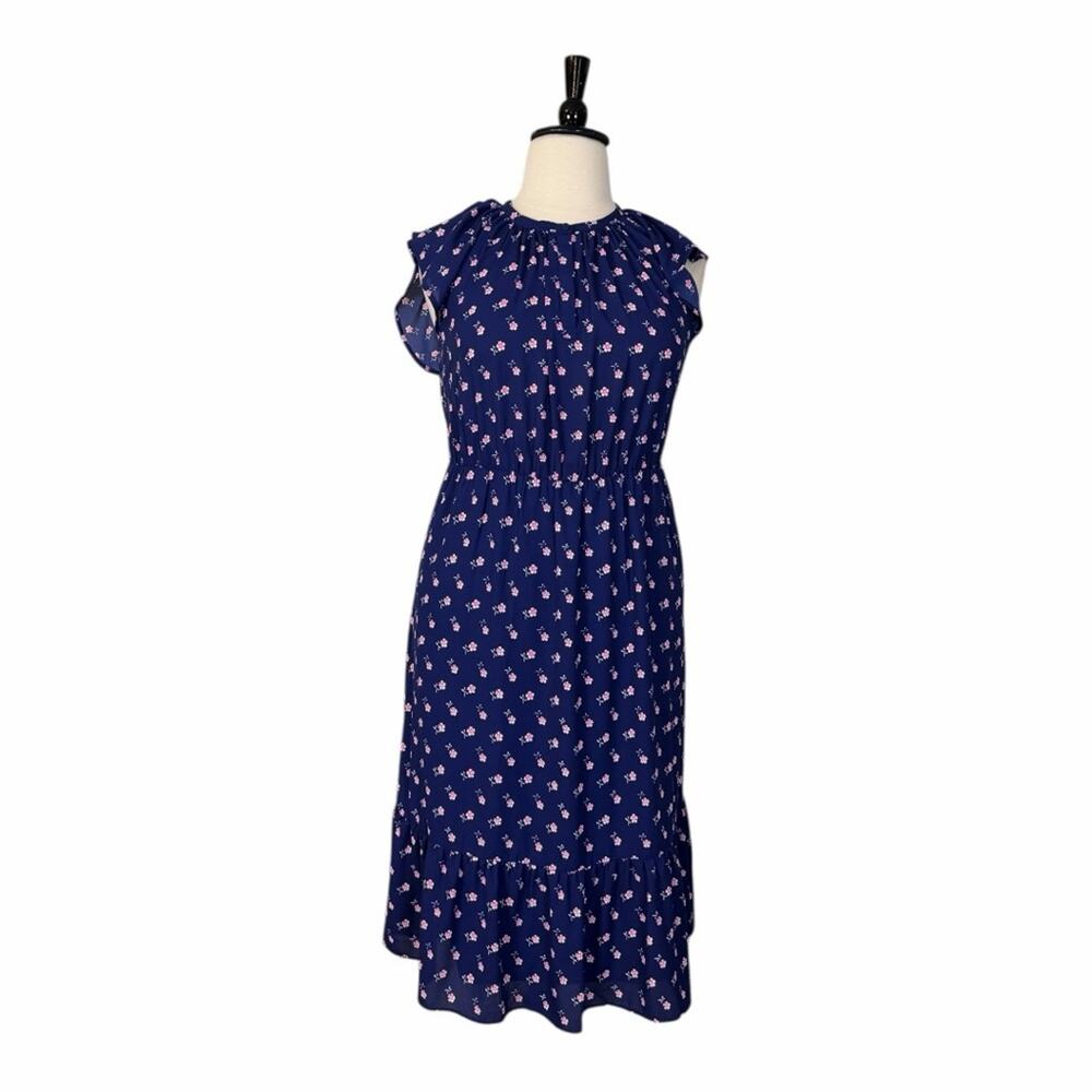 J.Crew New Navy Pink Blue Floral Print Flutter Sleeve Midi Dress Women’s Size XL